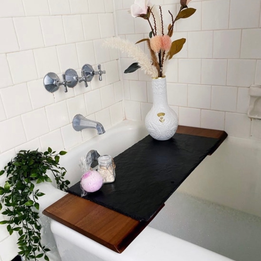 Artisan-made Spa Walnut and Slate Bath Tray